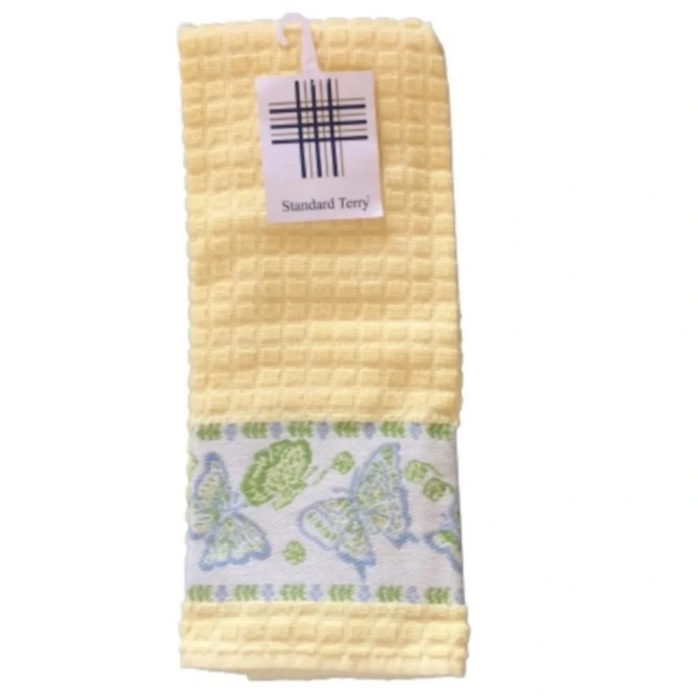 STANDARD TERRY Towel Kitchen Hand Butterflies Pastel Yellow Green Blue White NWT